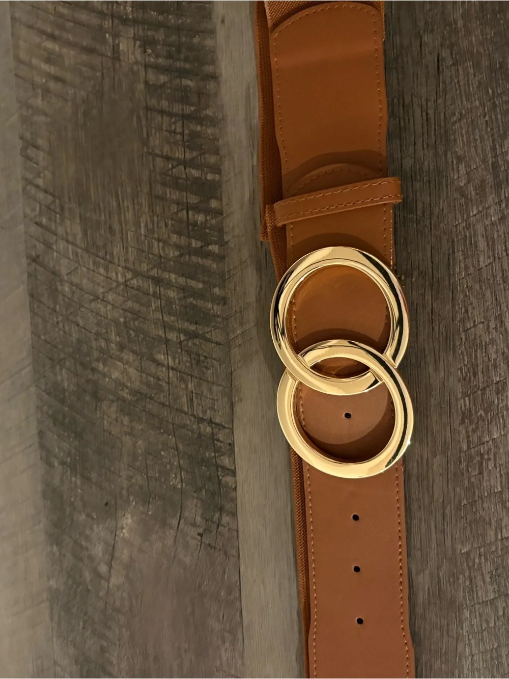 Gold Double Ring Buckle Tan Leather Expanding Waist Belt